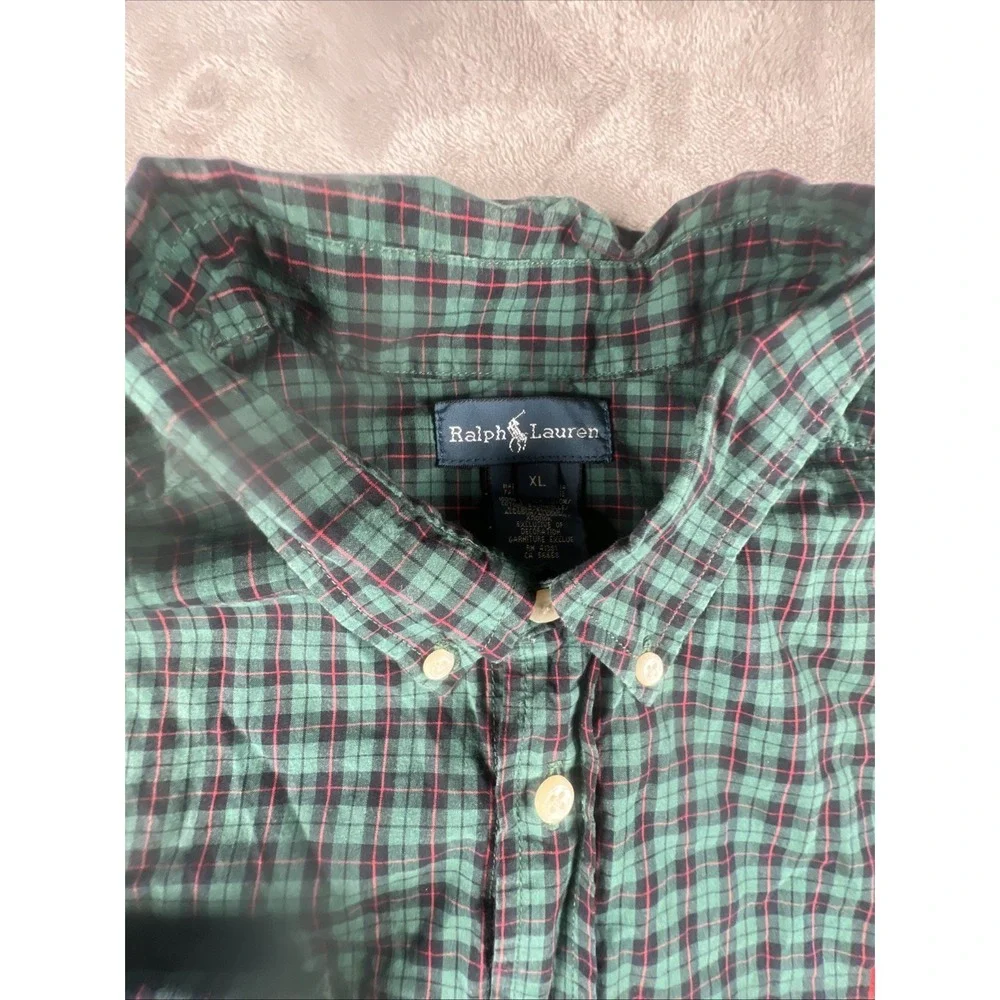 Vtg Polo Ralph Lauren 'Custom Fit' Green Plaid Button-Down Shirt - Size Large